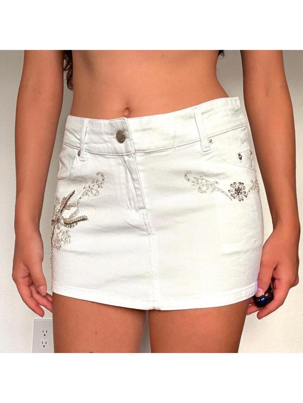 Y2K Marilu USA white embroidered denim mini skirt